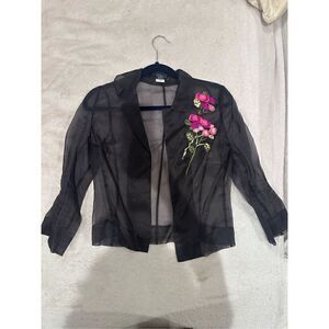 BCBG MAXAZRIA SIZE XS black womens sheer top blouse long sleeve with flower desi